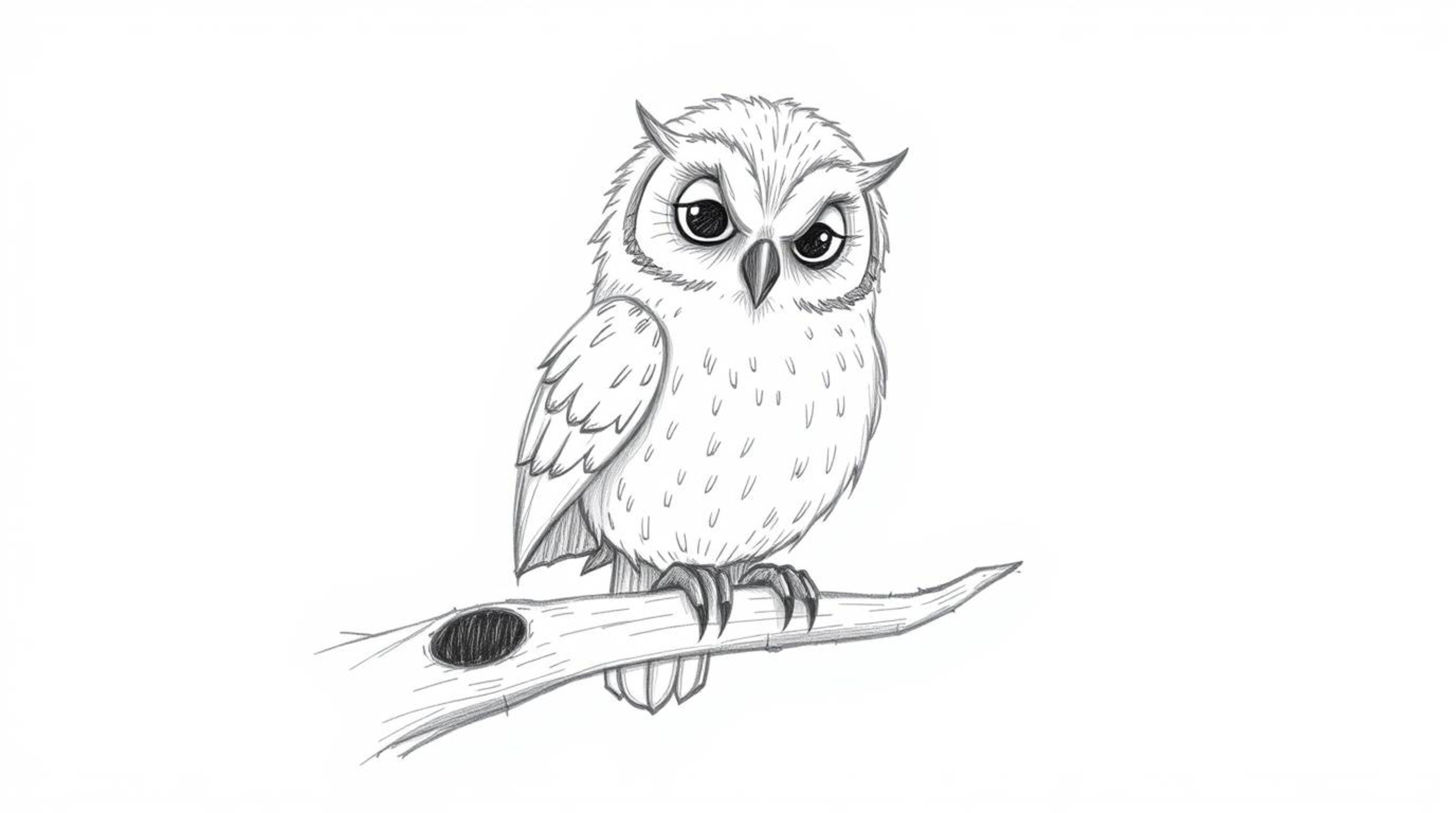A heartwarming hand-drawn sketch in the style of Pixar, depicting a blind owl with soft, downy feathers and a peaceful expres