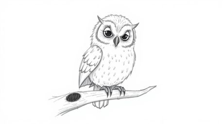A heartwarming hand-drawn sketch in the style of Pixar, depicting a blind owl with soft, downy feathers and a peaceful expres