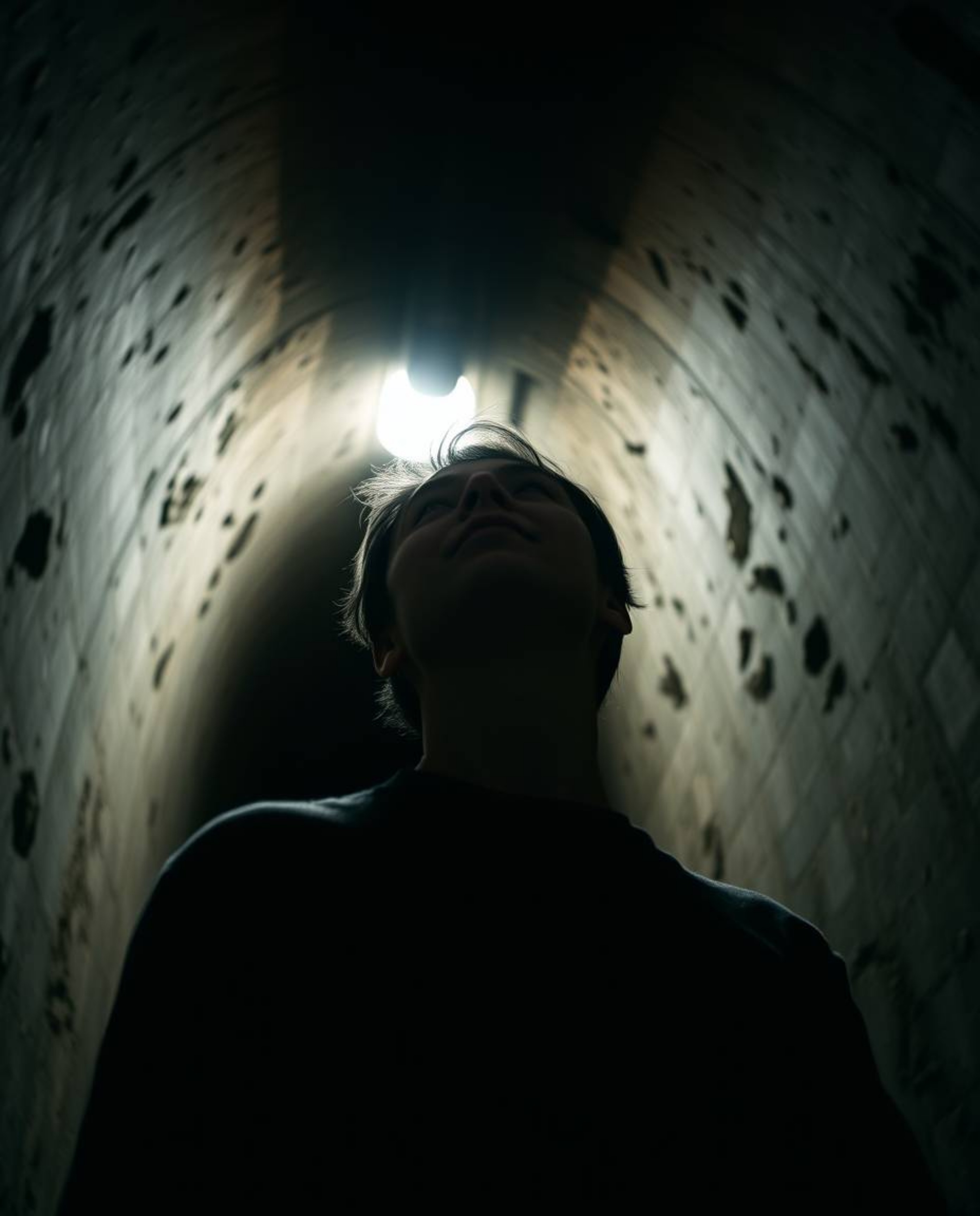 A captivating low-angle shot depicts a person with subtle features standing at the edge of a tunnel, their gaze directed upwa