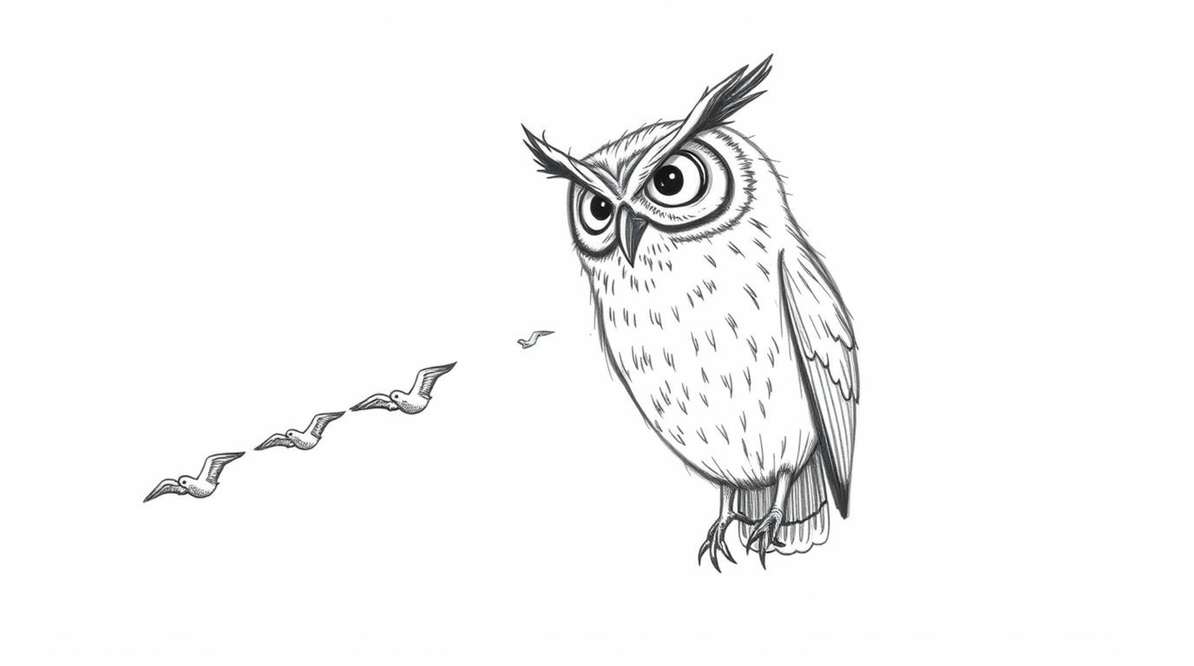 A heartwarming hand-drawn Pixar style sketch depicts a blind owl patiently guiding a formation of birds to achieve perfect sy