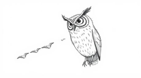 A heartwarming hand-drawn Pixar style sketch depicts a blind owl patiently guiding a formation of birds to achieve perfect sy