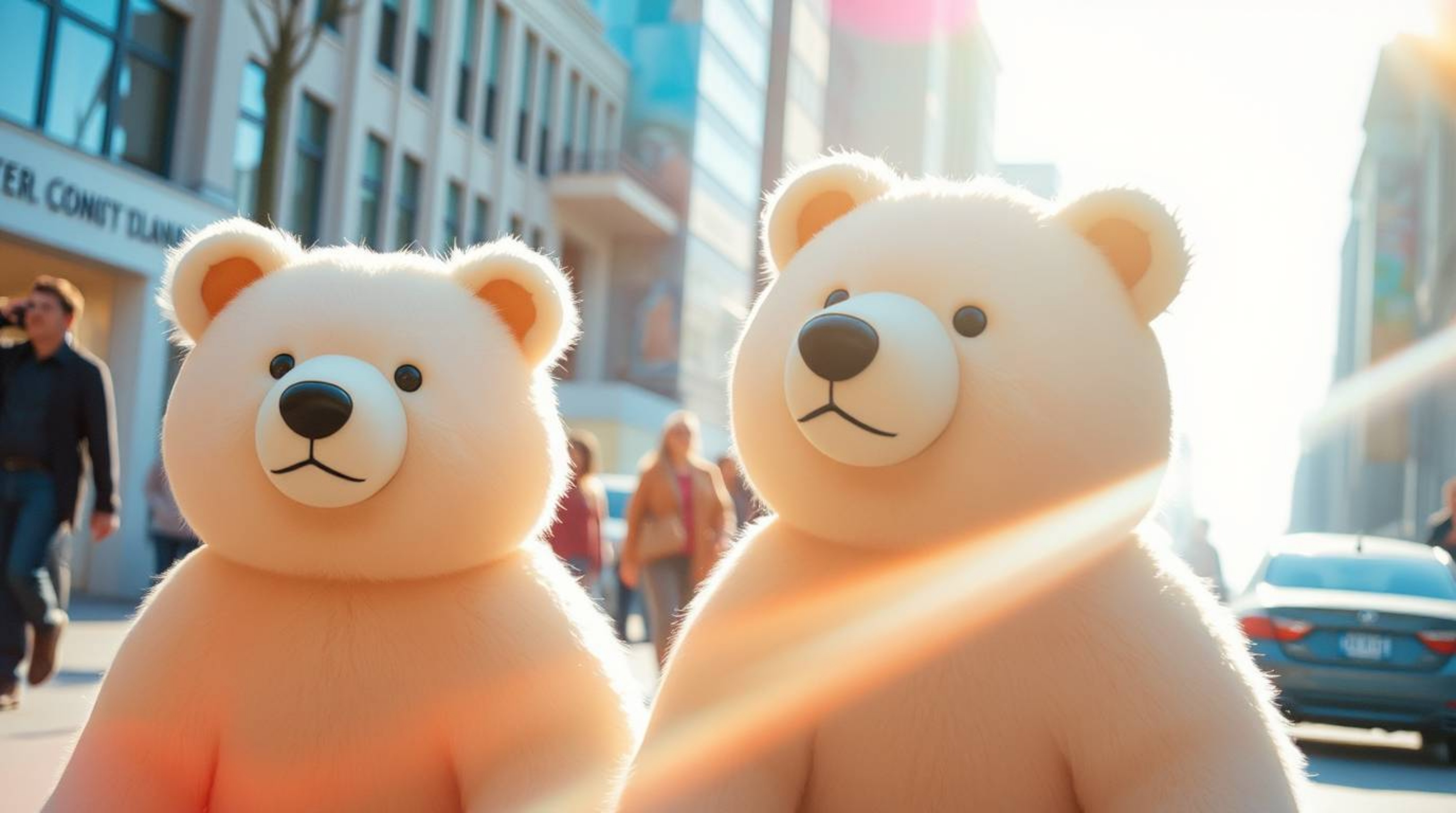 A charming bear family embarks on an urban adventure through a bustling city, rendered in soft pastel colors and accented by 