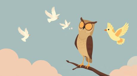 This captivating illustration features a modern flat design of a blind owl in the iconic Pixar style. The owl, despite its bl