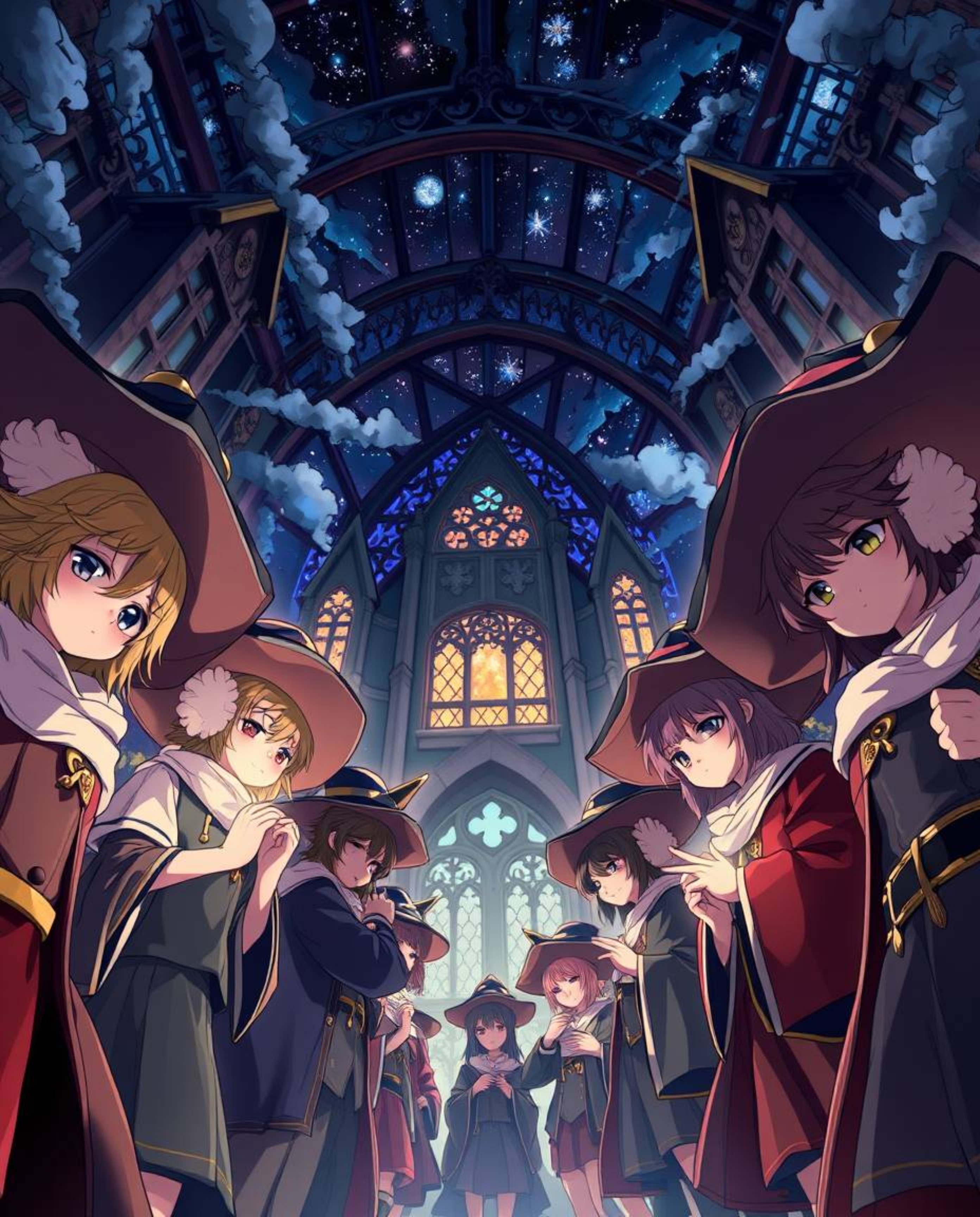 Immerse yourself in a low-angle, Isekai anime style illustration showcasing a magical school teeming with expressive young wi