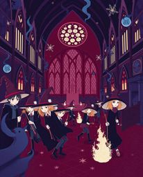 A sophisticated and elegant illustration depicts a magical school brimming with young wizards.  The artwork features a rich b