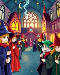 This artwork depicts a magical school teeming with young wizards, brought to life through a vibrant palette of complementary 