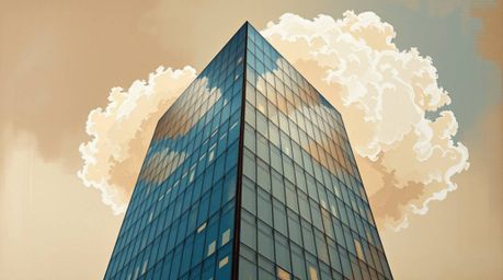 This captivating artwork features a bold acrylic painting rendered in natural earth tones, depicting a modern glass building 