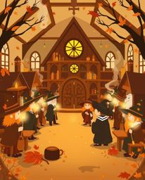 Explore a modern and enchanting magical school designed with warm autumn colors and simple two-dimensional shapes. This cozy 