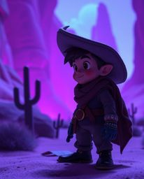 Embark on a dreamlike journey with a brave Disney-style hero in a mystical desert.  Experience vivid purples, deep ultraviole