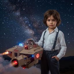 Exquisite high fashion photography captures a young boy with curious features and a determined gaze, standing proudly beside 