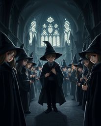 Experience a graceful and elegant depiction of a magical school teeming with young wizards, rendered in intense jet black ton