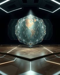 This stunning digital artwork features a high-contrast, low-key lighting setup that illuminates a futuristic digital interfac
