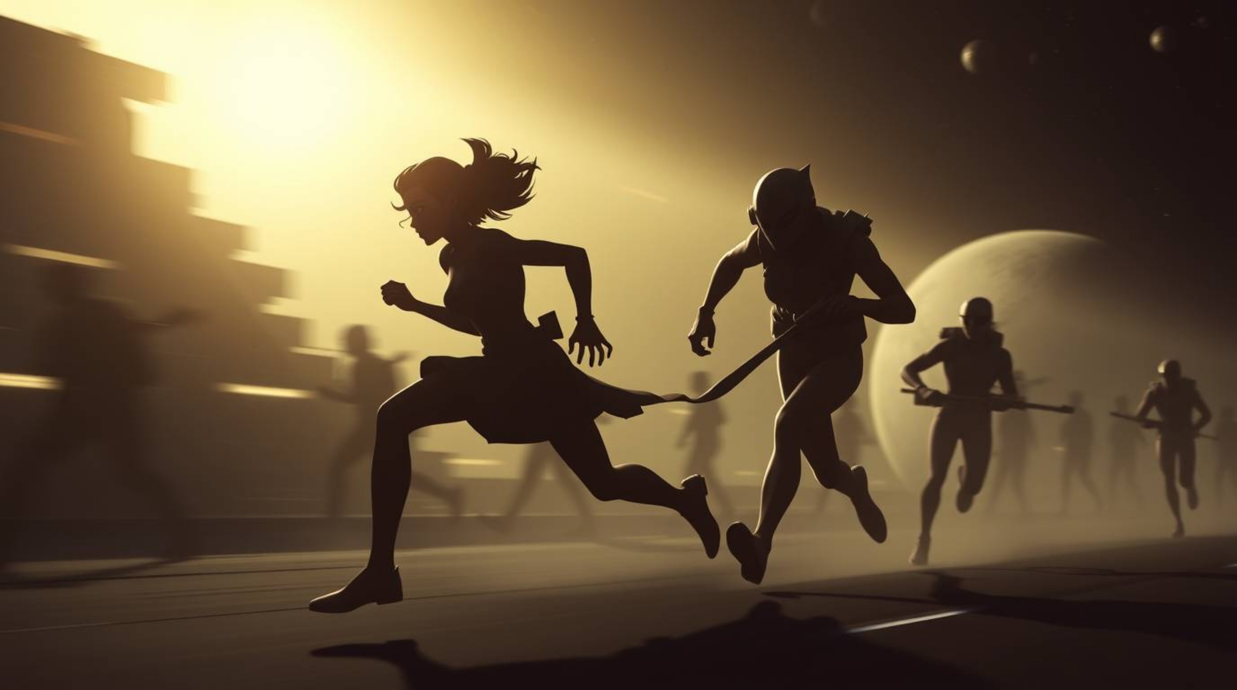 Experience a thrilling futuristic sci-fi chase rendered in striking silhouette, where backlighting creates a graceful and ele