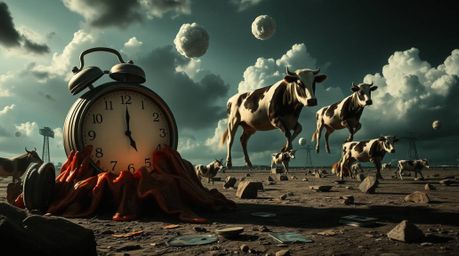A captivating surreal dreamscape unfolds, featuring iconic melting clocks and impossibly floating cows.  Rendered in a dramat