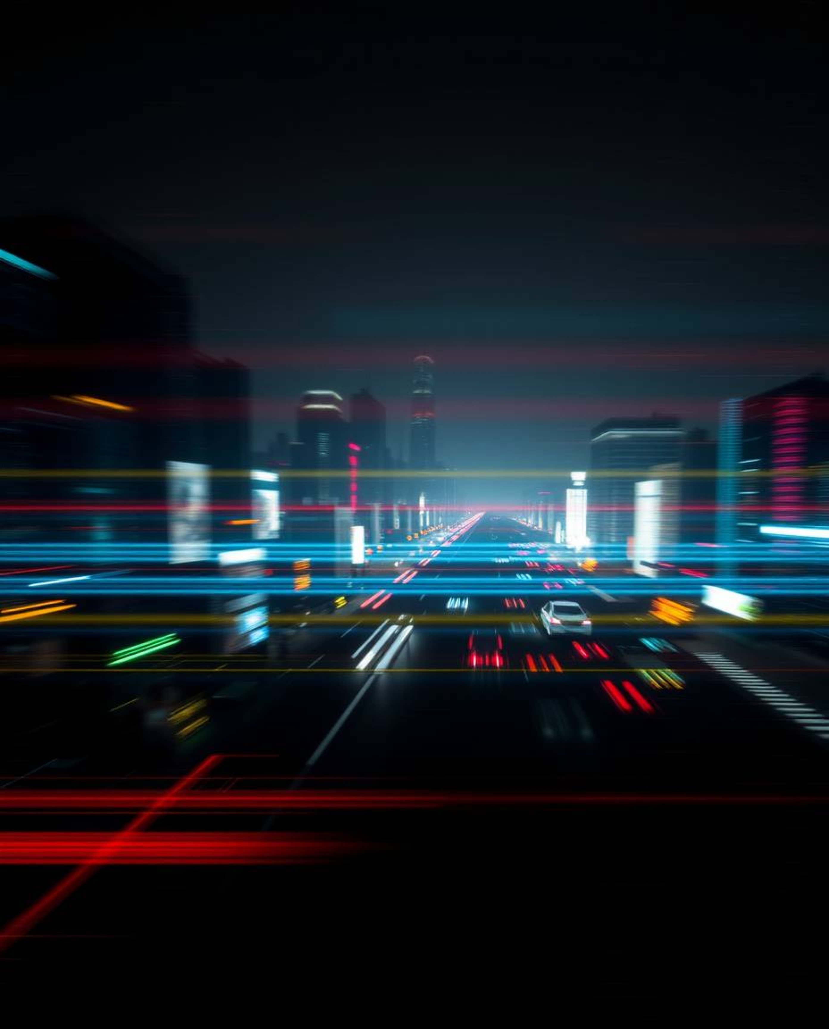 This captivating image showcases a futuristic cityscape rendered in glitch mode.  Employing long exposure photography, the sc