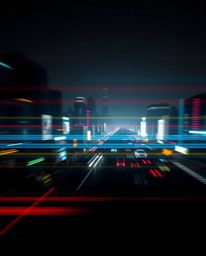 This captivating image showcases a futuristic cityscape rendered in glitch mode.  Employing long exposure photography, the sc