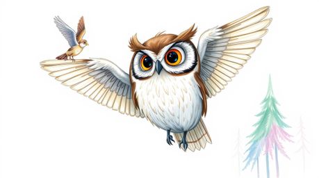 A captivating Pixar-esque hand-drawn sketch depicts a blind owl, its gentle eyes full of expression, teaching birds the art o