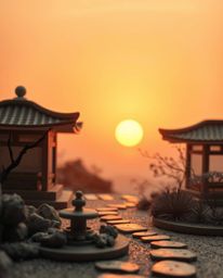 A soft cinematic hazy image of a sunset over a serene Zen garden, crafted from layered papier-mâché materials, showcasing a s
