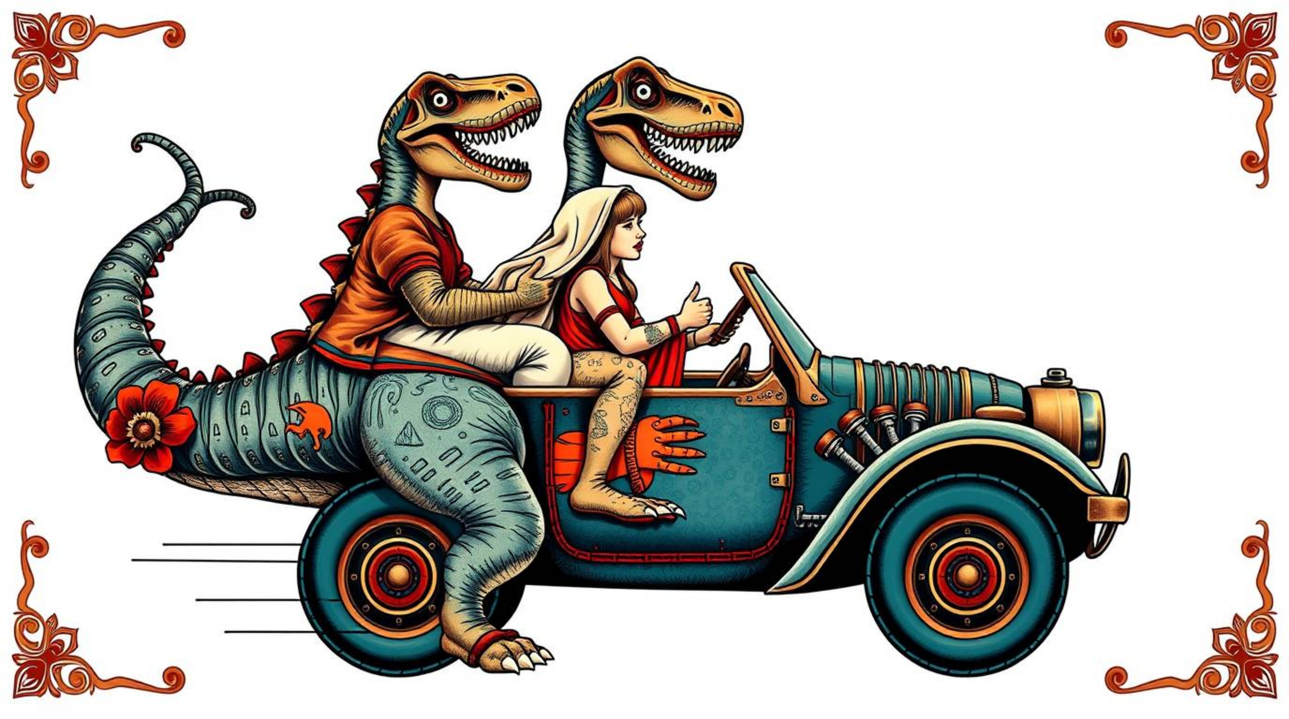 This symbolic tattoo art print features a prehistoric family joyfully riding in a dinosaur car against a clean white backgrou