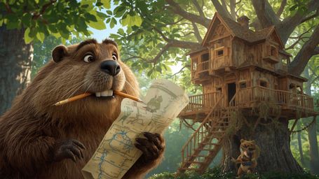 A highly detailed, high-resolution stock photo of a beaver, reminiscent of Pixar's lovable characters, busily constructing th