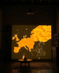 A captivating artwork featuring a glowing map projected within an old study, rendered in a modern flat design style.  Intense