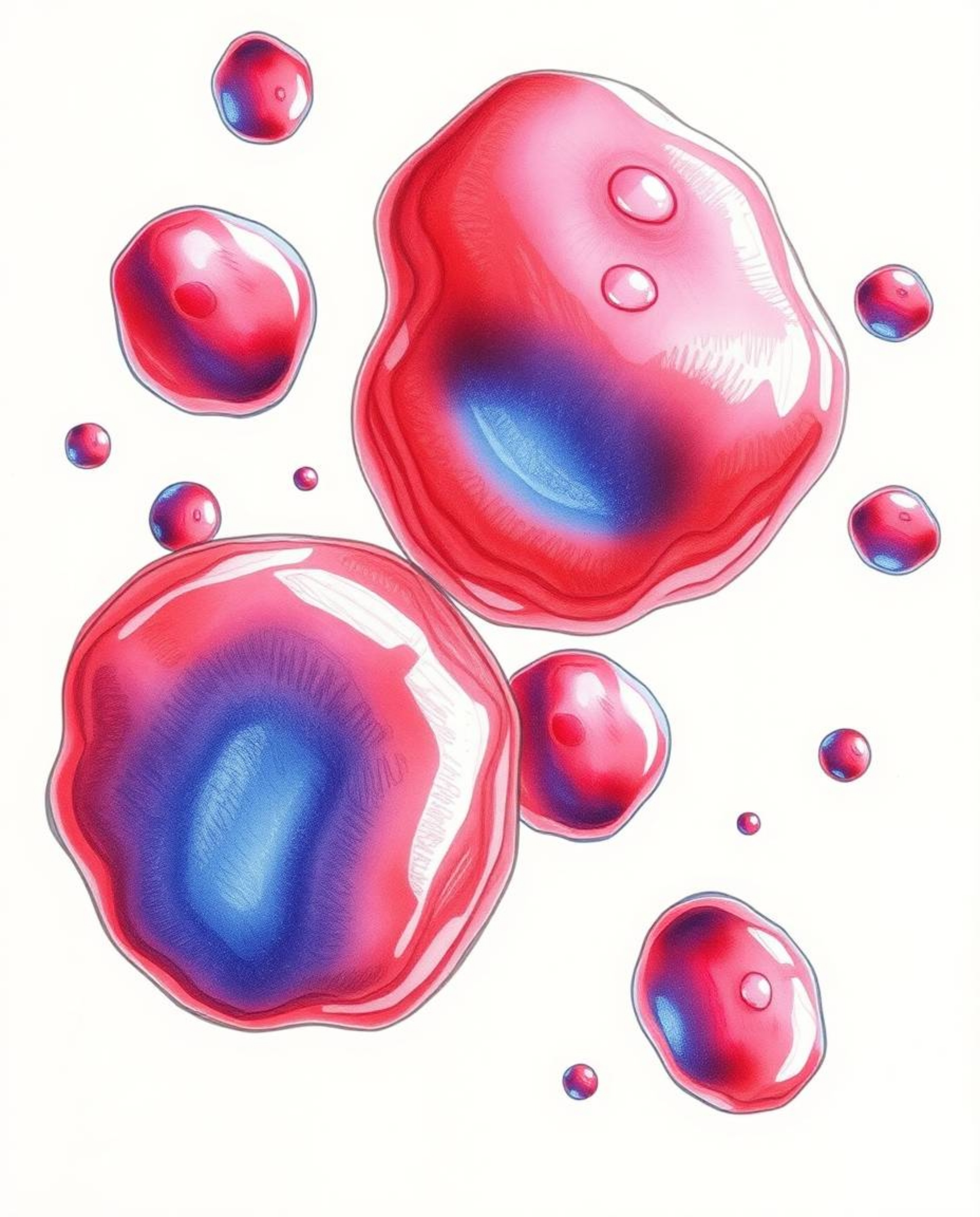A hand-drawn sketch featuring floating 3D blobs of vibrant, fluid jelly rendered with synthetic textures. The artwork showcas