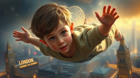 A captivating painting depicting a young boy with refined features soaring above London, illuminated by gentle, soft light an