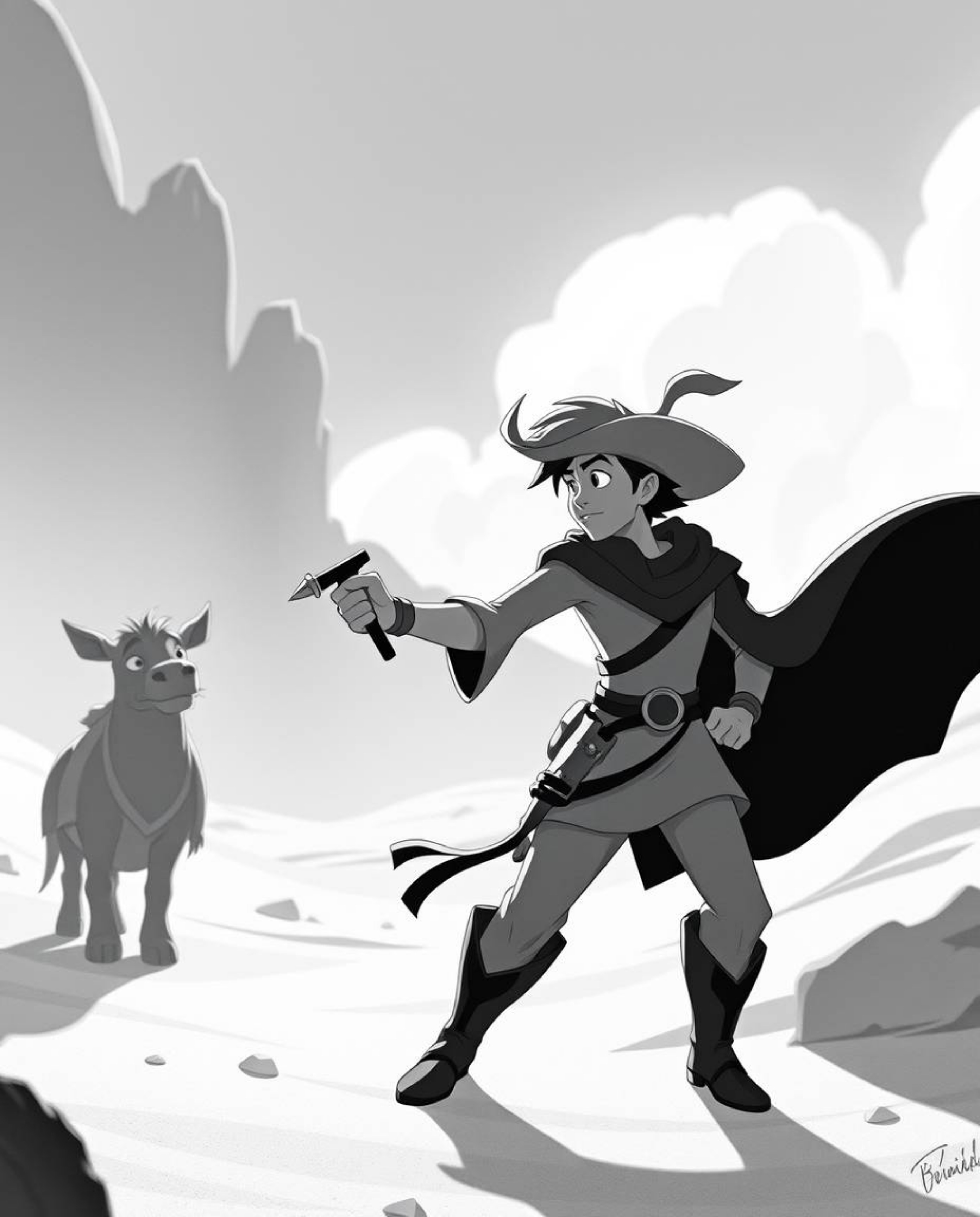 Experience a timeless Disney-esque adventure with a brave hero in a classic black and white desert setting. This elegant depi