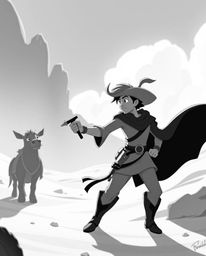 Experience a timeless Disney-esque adventure with a brave hero in a classic black and white desert setting. This elegant depi