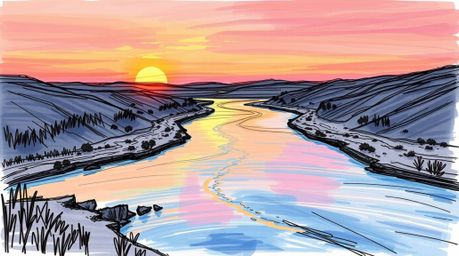 A captivating hand-drawn sketch showcases a winding river bathed in the ethereal glow of a dramatic orange-pink sky.  Rendere