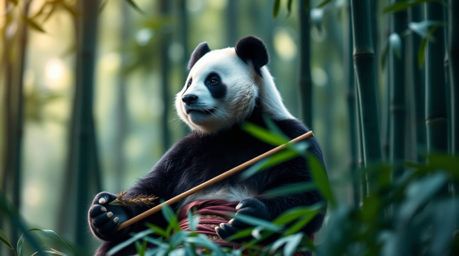 A sharply focused martial artist panda meditates peacefully within a lush bamboo forest, bathed in a rich and deep teal color