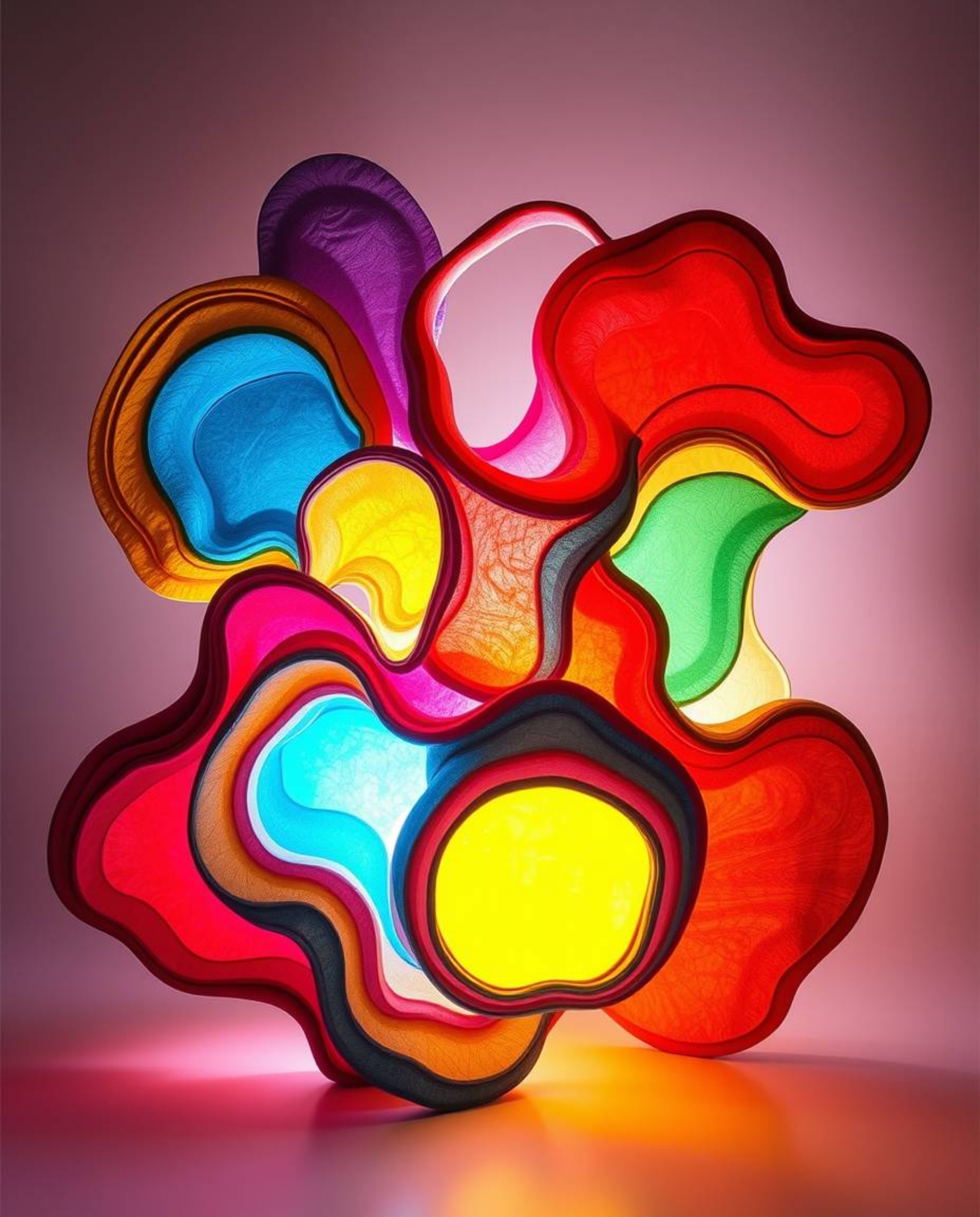 Explore a captivating light art piece featuring layered papier-mâché meticulously sculpted into colorful 3D fluid shapes that
