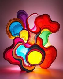 Explore a captivating light art piece featuring layered papier-mâché meticulously sculpted into colorful 3D fluid shapes that