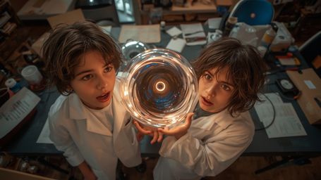 a cinematic, high-contrast photograph of two excited science fair participants, a boy and a girl, likely in their early teens