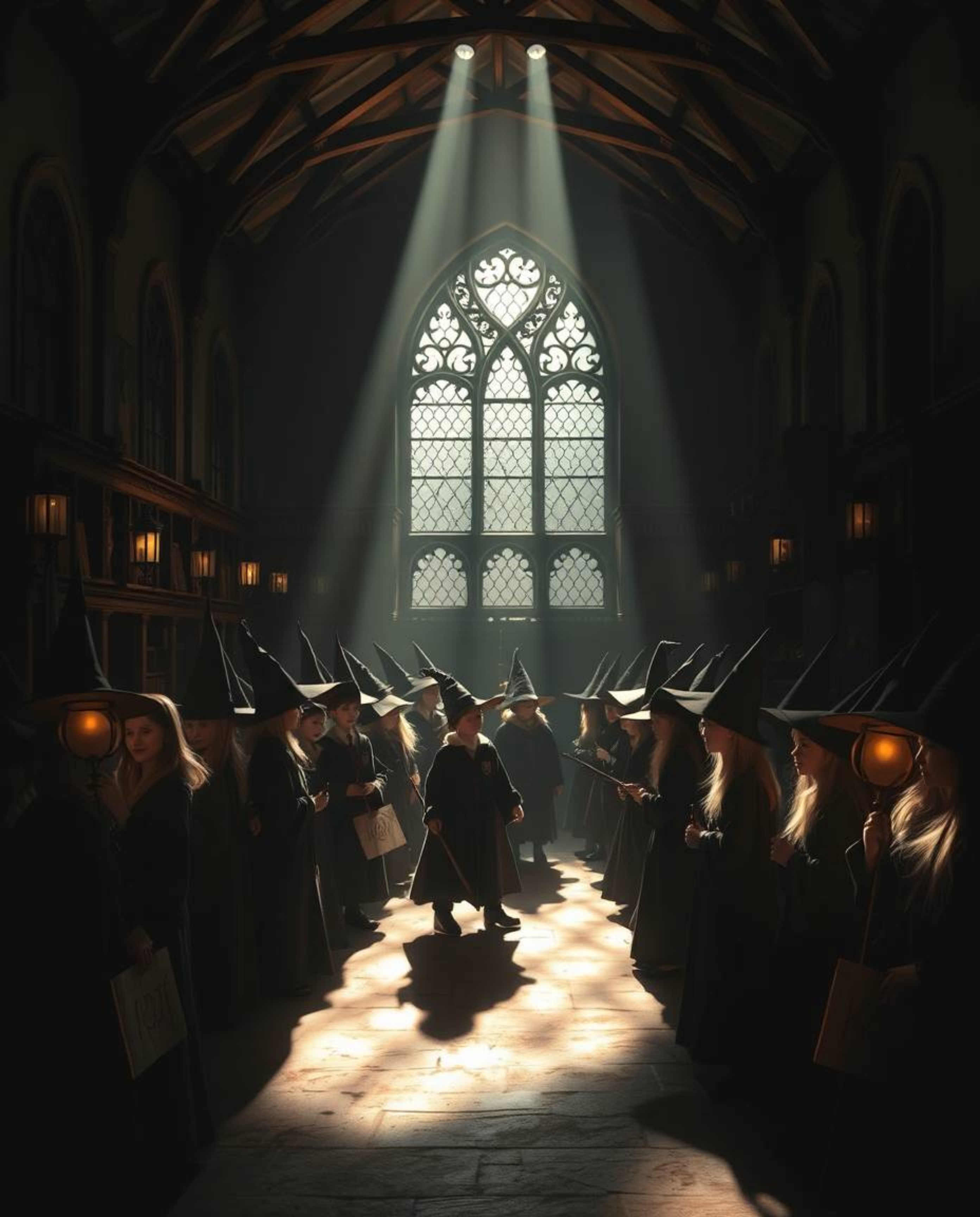 Explore a chiaroscuro-lit magical school teeming with young wizards, bathed in a soft, dreamy atmosphere. This image showcase