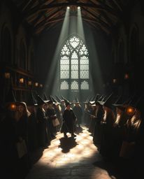 Explore a chiaroscuro-lit magical school teeming with young wizards, bathed in a soft, dreamy atmosphere. This image showcase