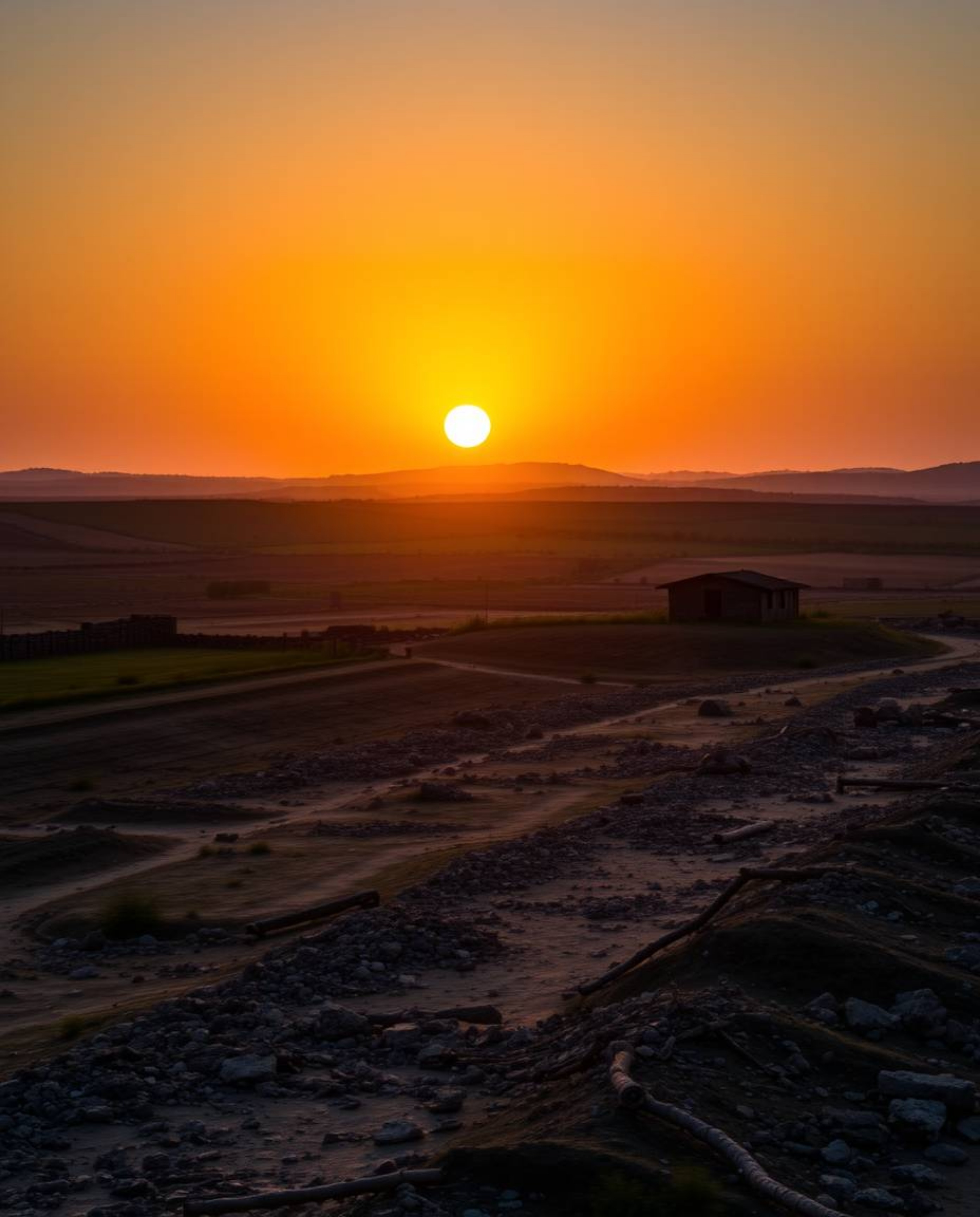 A captivating long-exposure photograph depicts a breathtaking sunrise over a war-torn landscape.  The image showcases mesmeri