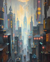 A classic oil painting depicting a futuristic city consumed by glitch mode, radiating an ethereal spiritual vibe. The artwork