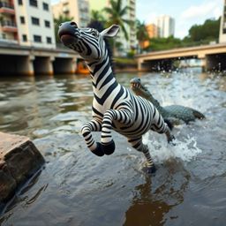 Capture a thrilling, spontaneous moment of a 3D cartoon zebra leaping towards a riverbank in a candid street photography styl
