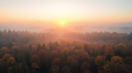 Experience the tranquility of an autumn forest at sunset. This breathtaking overhead shot captures a soft pastel-toned landsc