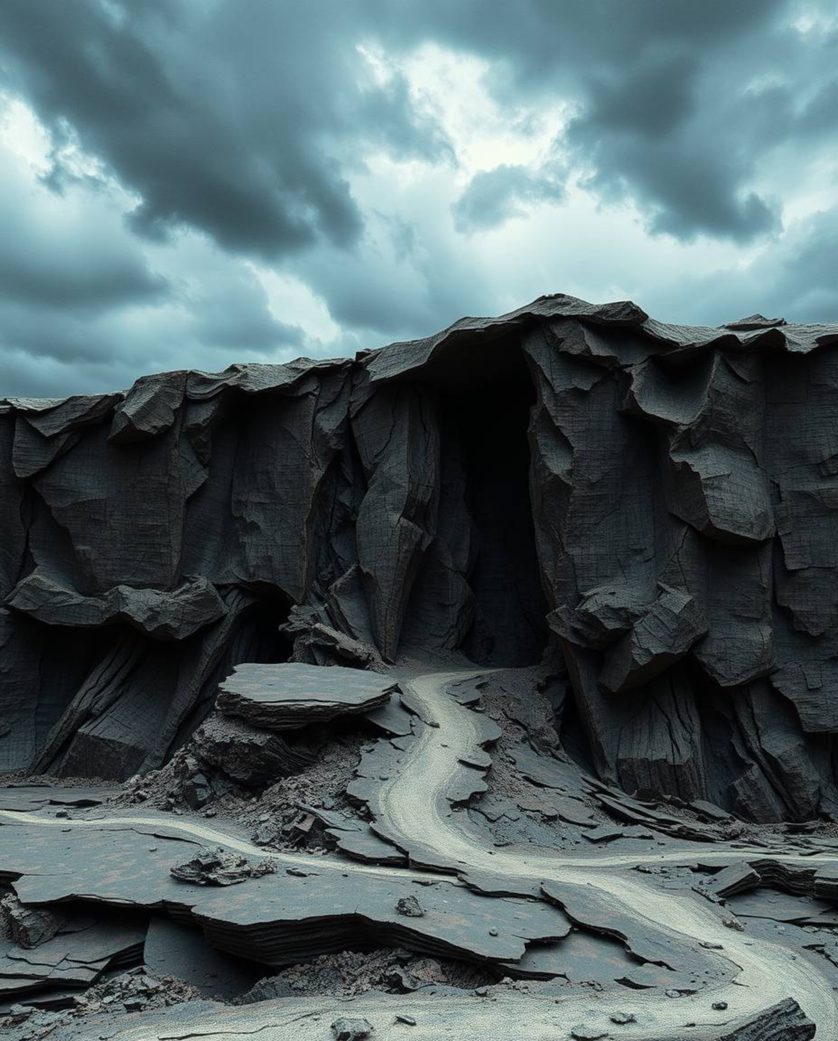 A digital glitch landscape breaks apart, revealing sculpted, textured layers of papier-mâché.  The intense, dramatic weather 