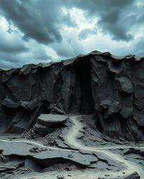A digital glitch landscape breaks apart, revealing sculpted, textured layers of papier-mâché.  The intense, dramatic weather 