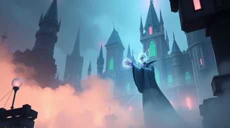 A captivating digital painting depicts a classic Disney villain casting a spell within a technologically advanced, foggy cast