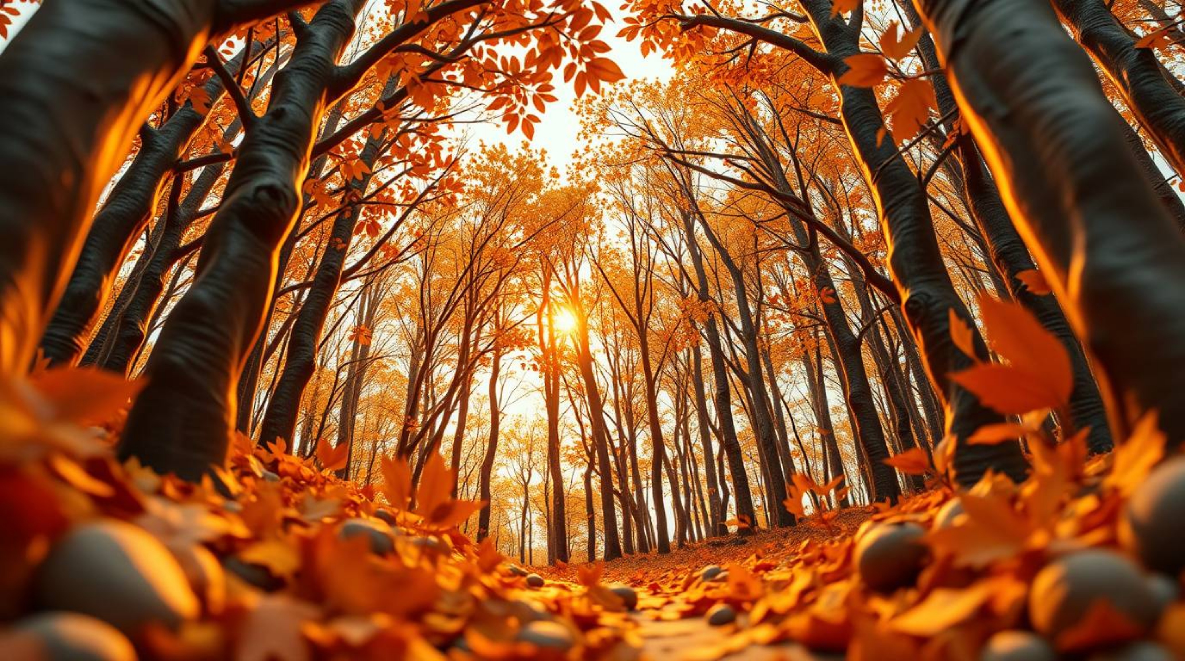 Explore the beauty of sculptural clay art depicting an autumn forest at a low-angle perspective.  Golden leaves are brilliant