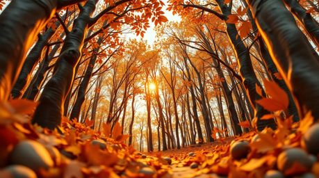 Explore the beauty of sculptural clay art depicting an autumn forest at a low-angle perspective.  Golden leaves are brilliant