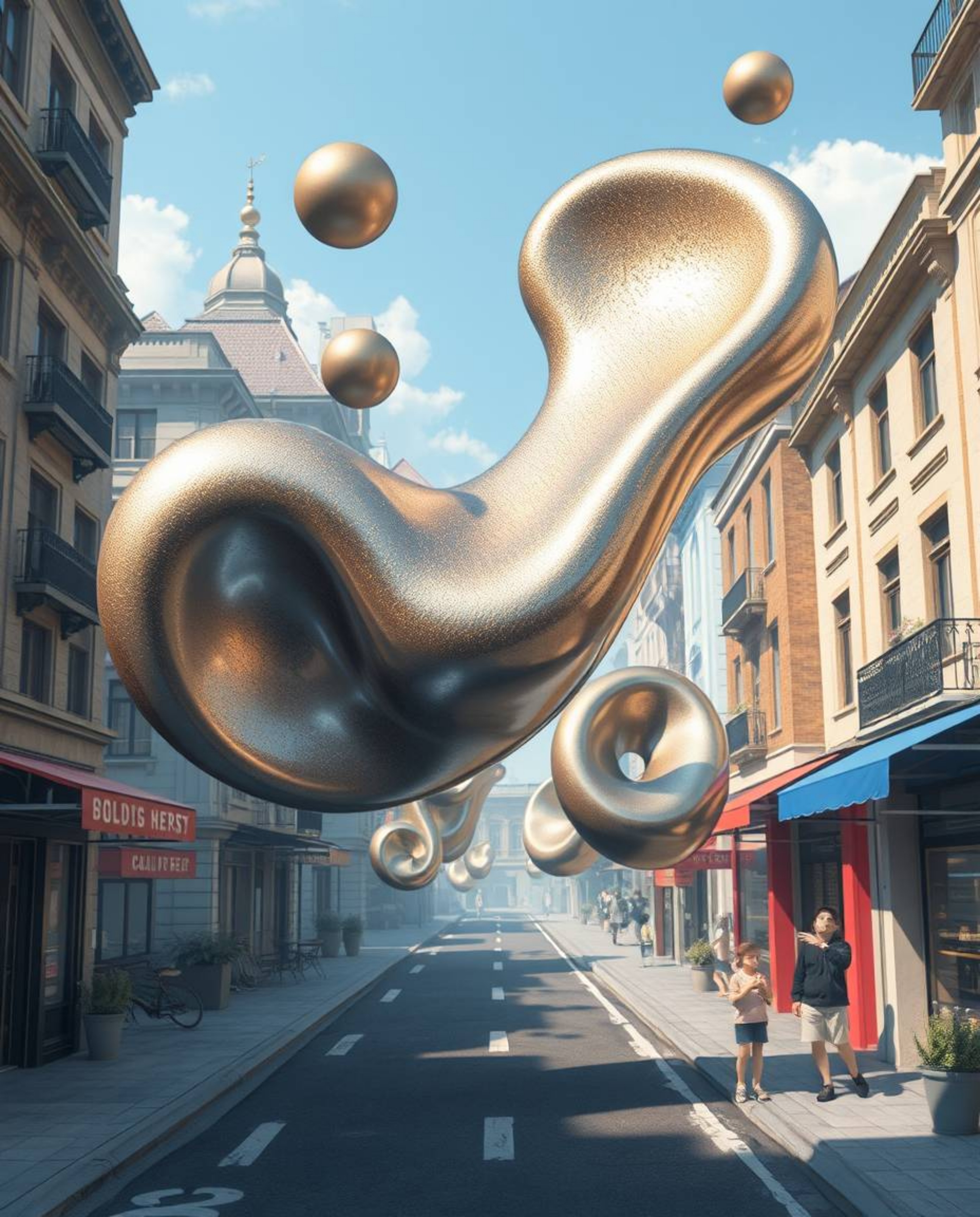 Explore captivating 3D fluid shapes with metallic textures gracefully floating in zero gravity, set against charming urban sc