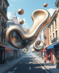 Explore captivating 3D fluid shapes with metallic textures gracefully floating in zero gravity, set against charming urban sc