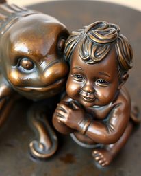 A charming bronze sculpture depicts an endearing sea creature befriending a cute child. The piece features adorable details,