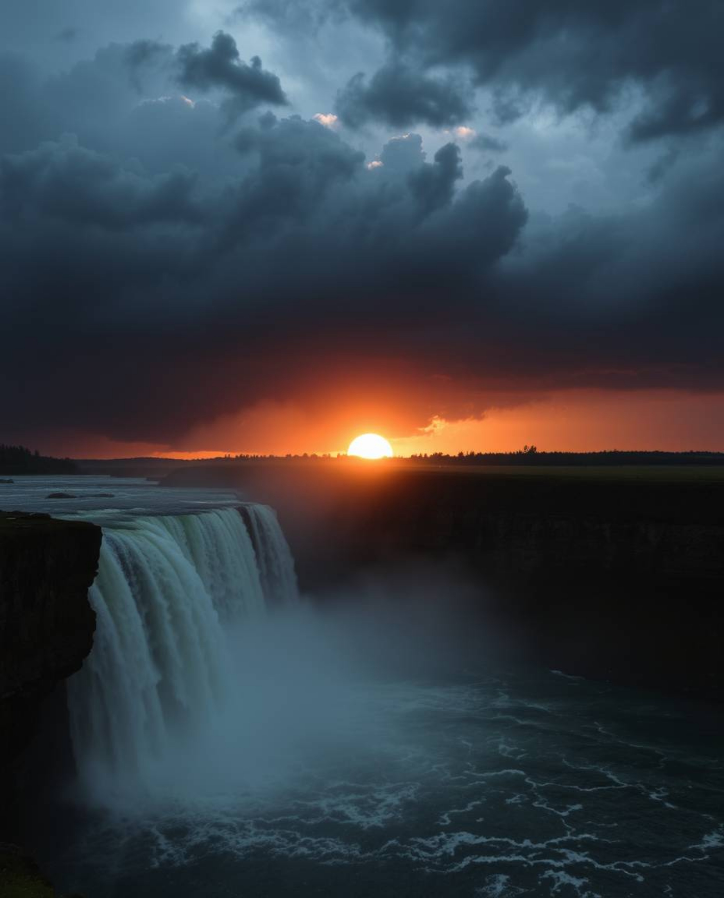 Experience an intense, dramatic weather scene featuring a sun setting behind a magnificent waterfall. The atmosphere is charg