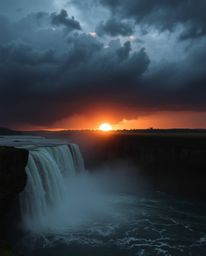 Experience an intense, dramatic weather scene featuring a sun setting behind a magnificent waterfall. The atmosphere is charg